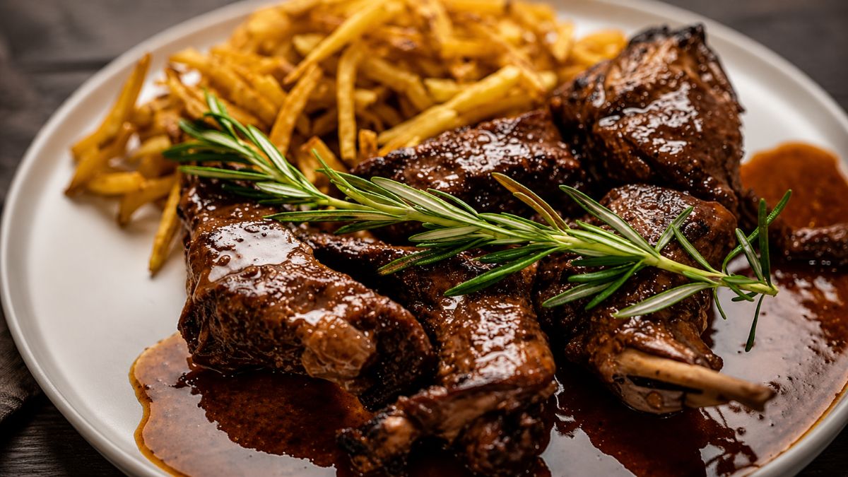 Close em um prato de coelho à caçador cozido lentamente, coberto com molho de vinho tinto brilhante e um ramo de alecrim fresco, servido com batatas fritas crocantes.