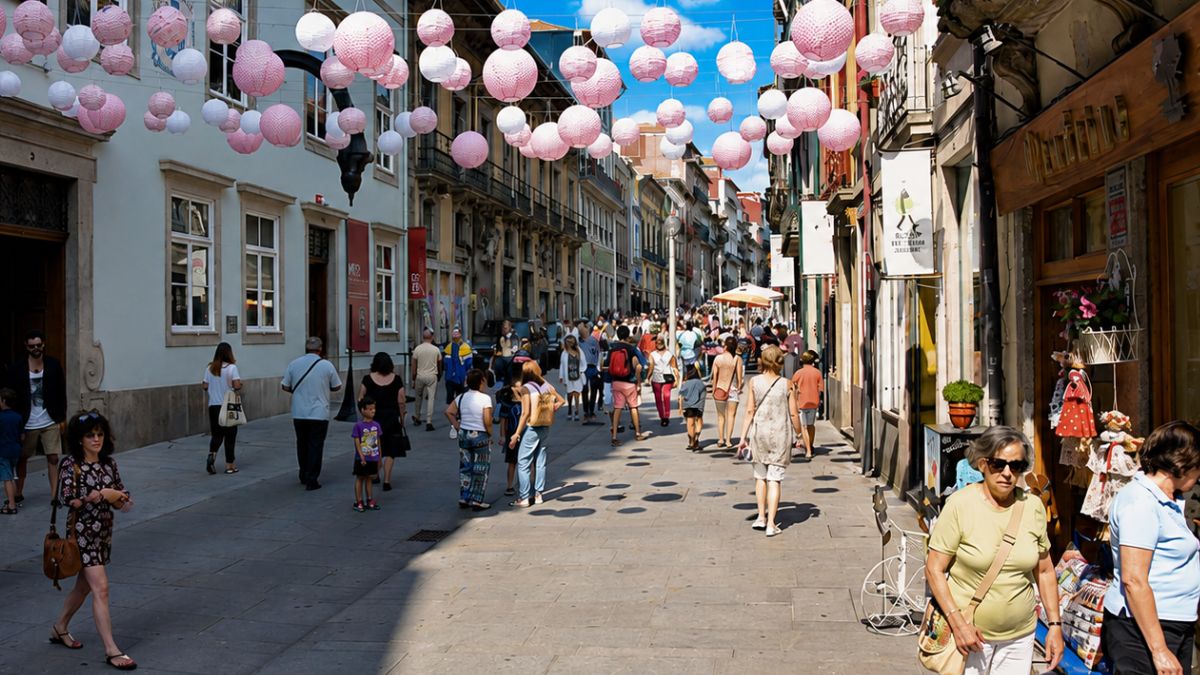 Vista em perspectiva da Rua das Flores com muitos pedestres caminhando sob varais de lanternas esféricas rosas e brancas entre fachadas históricas.