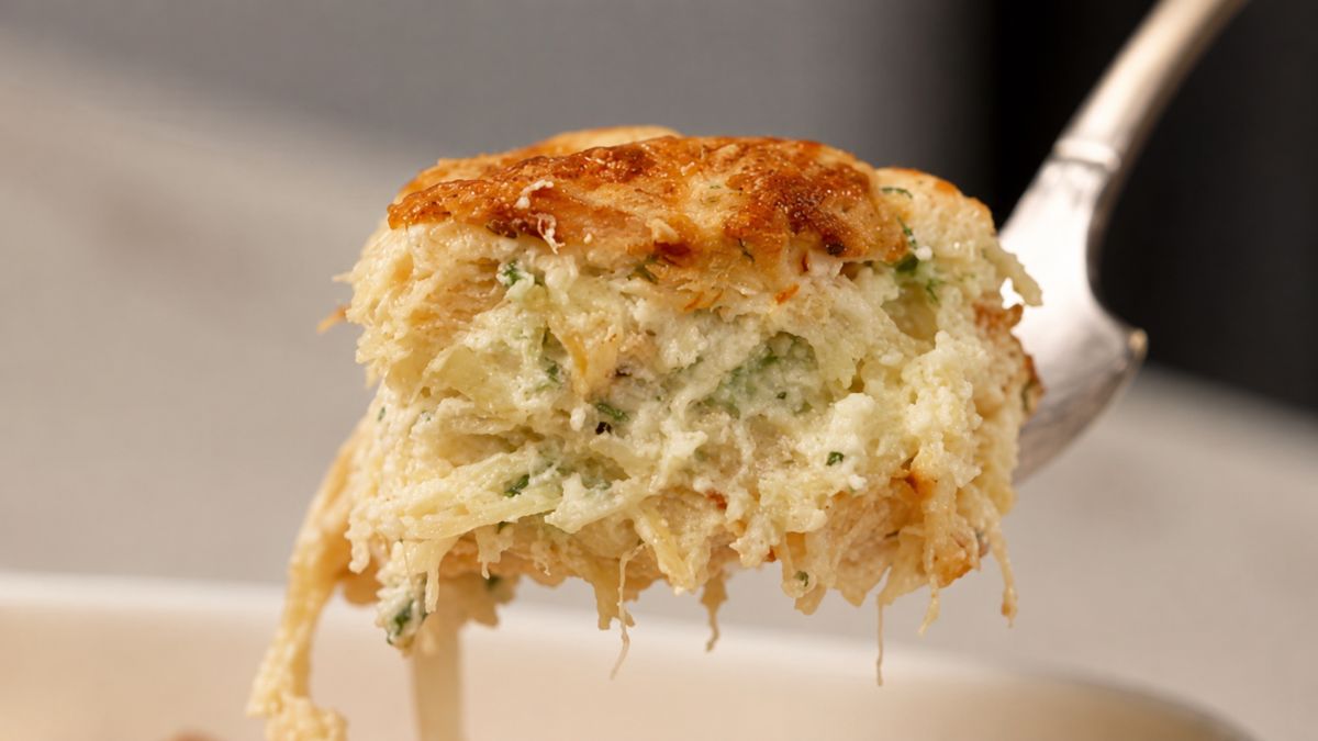 Uma colher de metal levanta uma porção generosa de soufflé de bacalhau bem cremoso com crosta dourada e ervas verdes finas.