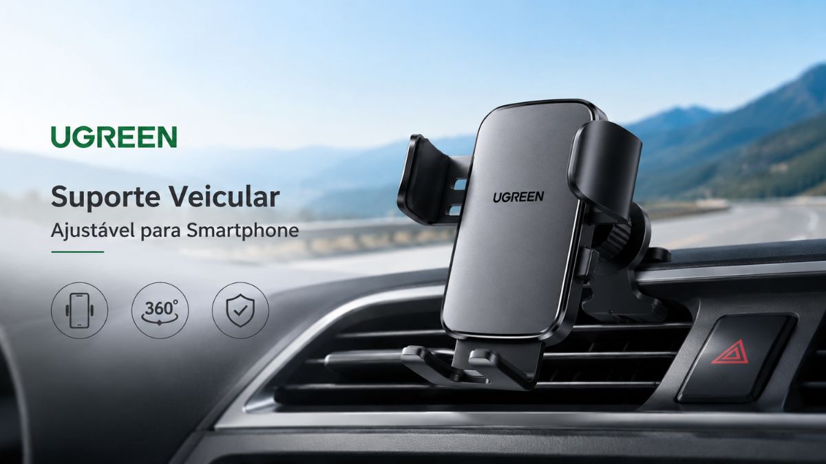 Suporte Veicular Ugreen Ajustável para Smartphone em preto fixado na grelha de ventilação do tablier de um automóvel com rotação de 360 graus.