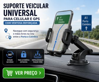Suporte veicular universal com ventosa reforçada instalado no painel do carro a apresentar o mapa da Autoestrada A1 entre o Porto e Coimbra no telemóvel.