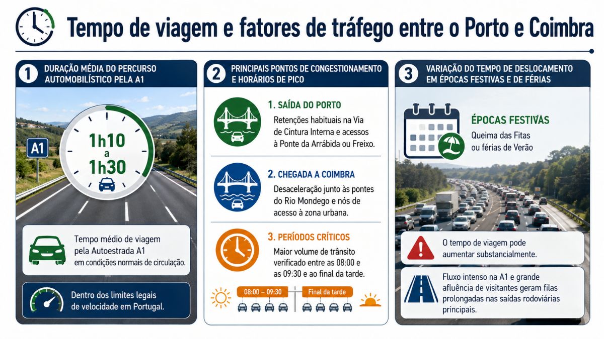Infográfico sobre o tempo de viagem e tráfego entre Porto e Coimbra, exibindo a duração média pela A1, pontos de congestionamento e variações em épocas festivas.