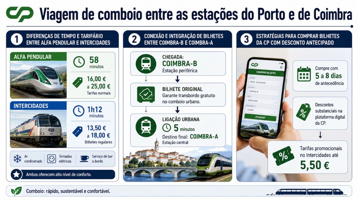 Infográfico sobre a viagem de comboio CP entre o Porto e Coimbra, comparando tempos e preços do Alfa Pendular e Intercidades, conexão urbana e bilhetes com desconto.