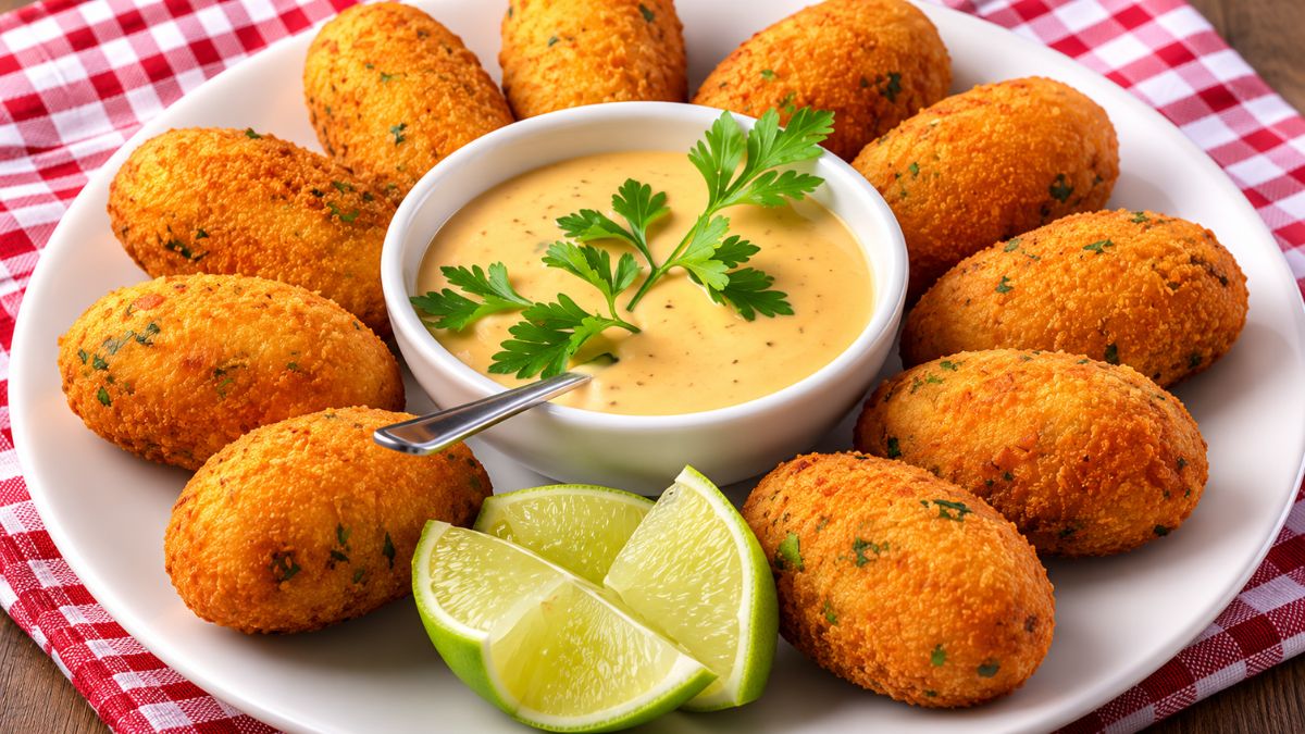Prato branco circular com bolinhos de bacalhau dourados e fritos dispostos em círculo, acompanhados por um molho cremoso central e fatias de limão.