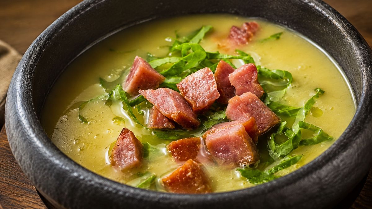 Um close de uma tigela de cerâmica preta contendo um caldo verde cremoso. O caldo é finalizado com pedaços dourados de linguiça, tiras de couve fatiadas e um fio de azeite por cima.