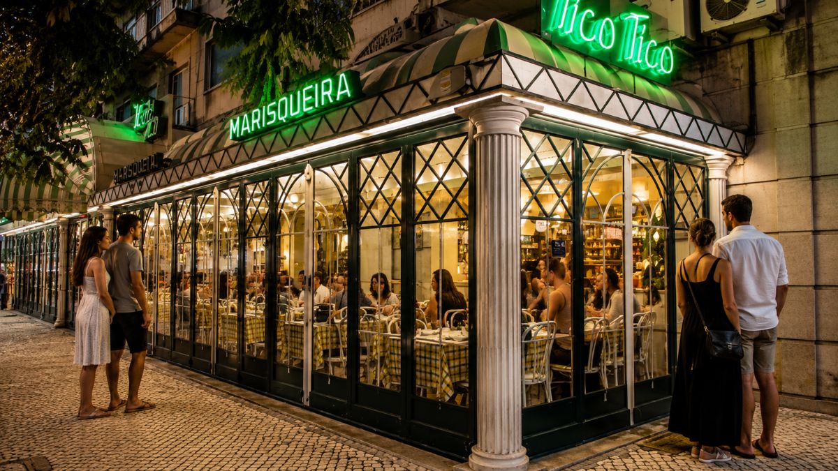Fachada iluminada da marisqueira e cervejaria Tico Tico no bairro de Alvalade perto do Aeroporto de Lisboa.