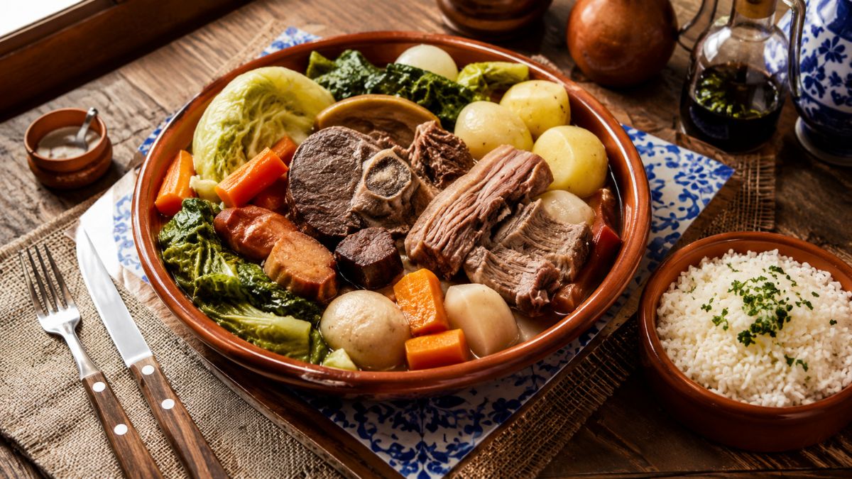 Uma travessa de cerâmica rústica cheia de cozido à portuguesa com carnes variadas, legumes e arroz, sobre uma mesa de madeira.