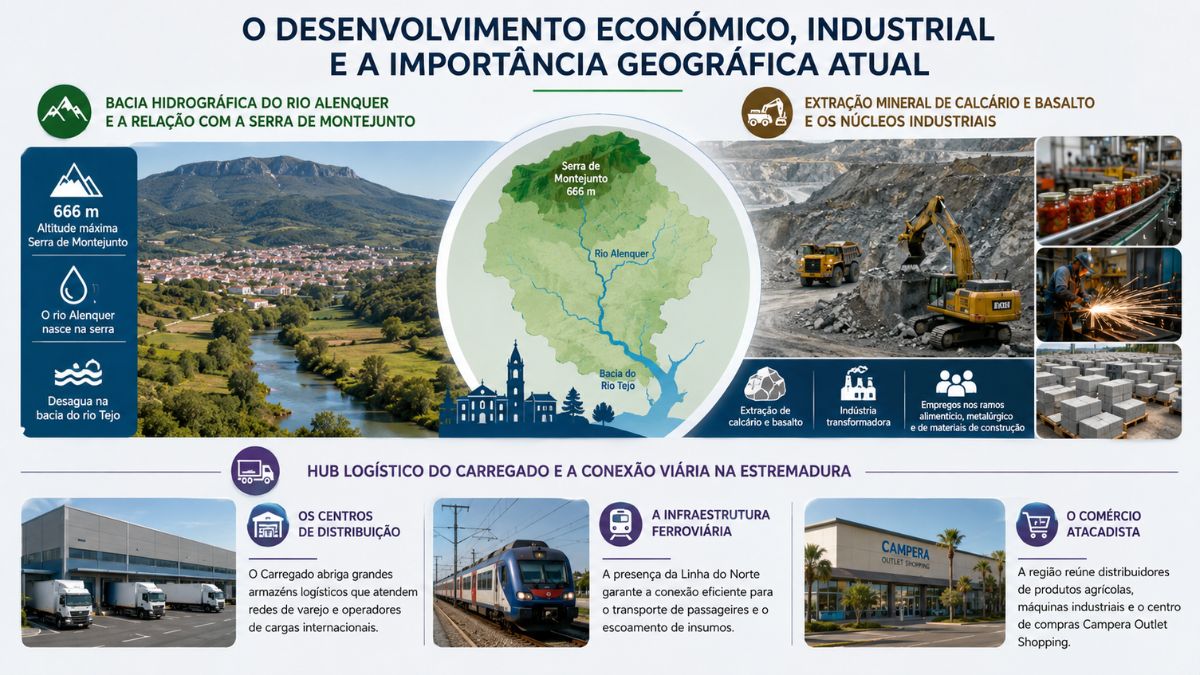 Infográfico sobre a geografia, bacia hidrográfica, extração mineral e hub logístico do Carregado na cidade de Alenquer em Portugal.