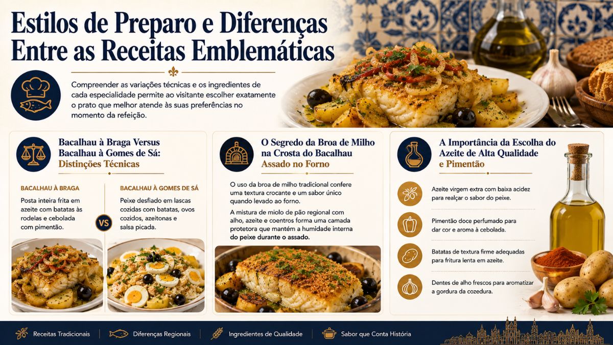 Infográfico comparativo sobre estilos de preparo de bacalhau, mostrando as diferenças entre o bacalhau à Braga, bacalhau à Gomes de Sá e bacalhau assado com broa.