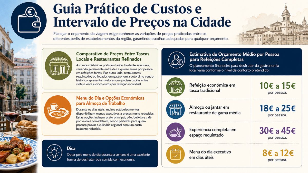 Infográfico sobre guia prático de custos e intervalo de preços em Braga, comparando tascas locais, restaurantes refinados e menus do dia.