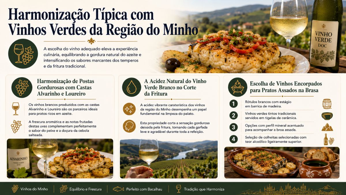 Infográfico sobre harmonização de bacalhau com vinhos verdes da região do Minho, destacando castas Alvarinho, Loureiro e vinhos encorpados.