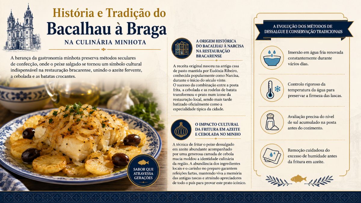 Infográfico explicativo sobre a história do bacalhau à Braga na culinária minhota com a origem do bacalhau à Narcisa e os métodos de dessalgue tradicionais.
