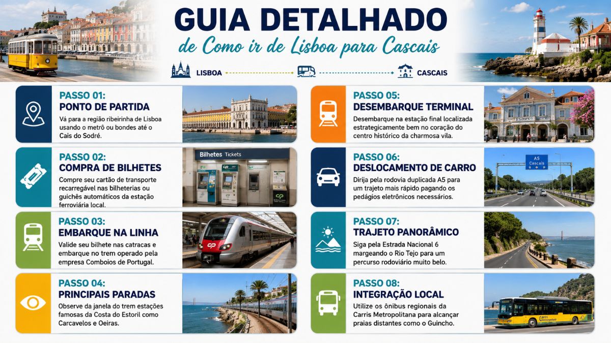 Infográfico com fundo claro apresentando um guia passo a passo em oito etapas detalhadas para viajar de Lisboa até Cascais.