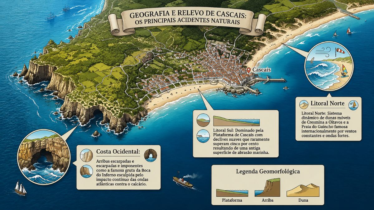 Infográfico em estilo de mapa ilustrado mostrando a Baía de Cascais e o litoral norte ocidental e sul com detalhes geológicos a gruta da Boca do Inferno as dunas de Cresmina e a Praia do Guincho.