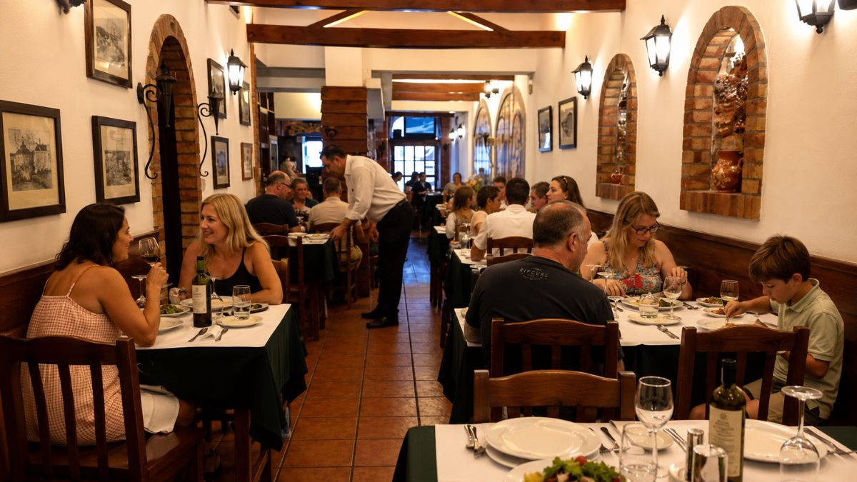 Clientes jantando em salão de restaurante acolhedor em Aveiro Portugal com arcos de tijolos e decoração rústica.