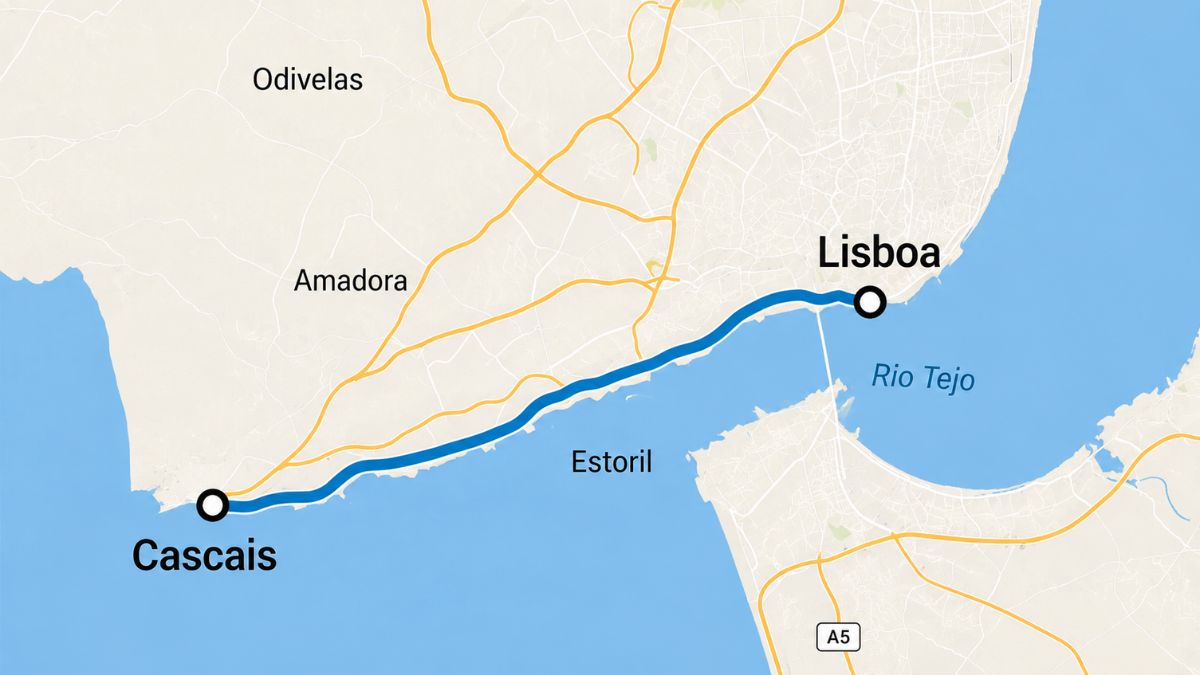 Ilustração de mapa geográfico mostrando a rota litorânea conectando a cidade de Lisboa até a vila de Cascais com destaque para o Rio Tejo e o Estoril.