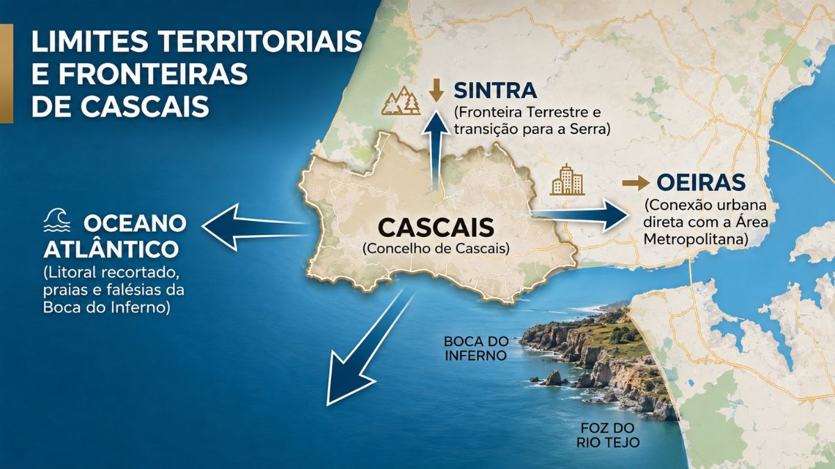 Infográfico com mapa de Cascais mostrando as fronteiras ao norte com Sintra, a leste com Oeiras e as faces sul e oeste banhadas pelo Oceano Atlântico.
