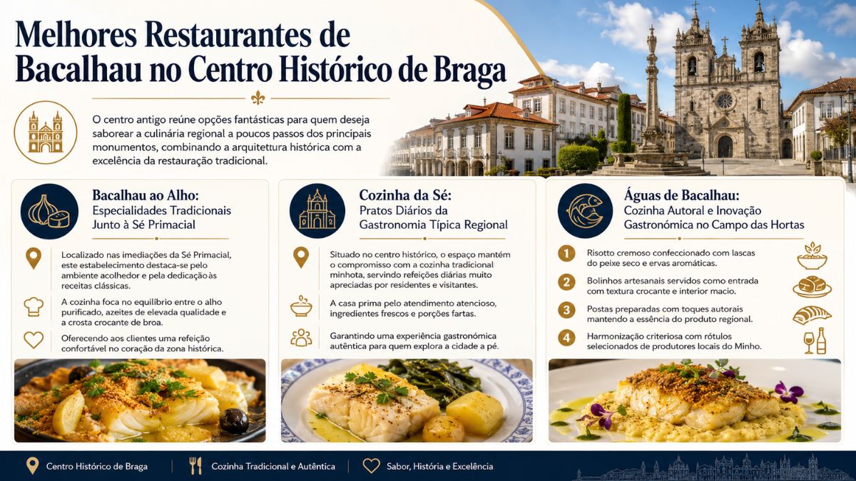 Infográfico com os melhores restaurantes de bacalhau no centro histórico de Braga, destacando as opções Bacalhau ao Alho, Cozinha da Sé e Águas de Bacalhau.