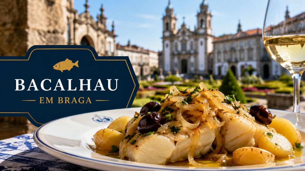 Prato tradicional de bacalhau à Braga servido com cebolada, batatas e azeitonas, acompanhado de um copo de vinho verde com monumentos históricos de Braga ao fundo.