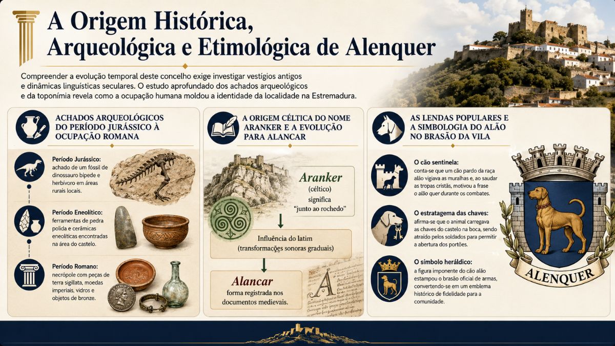 Infográfico explicativo sobre a história da cidade de Alenquer em Portugal destacando achados do Jurássico e período romano, evolução do nome céltico Aranker e lendas do brasão.
