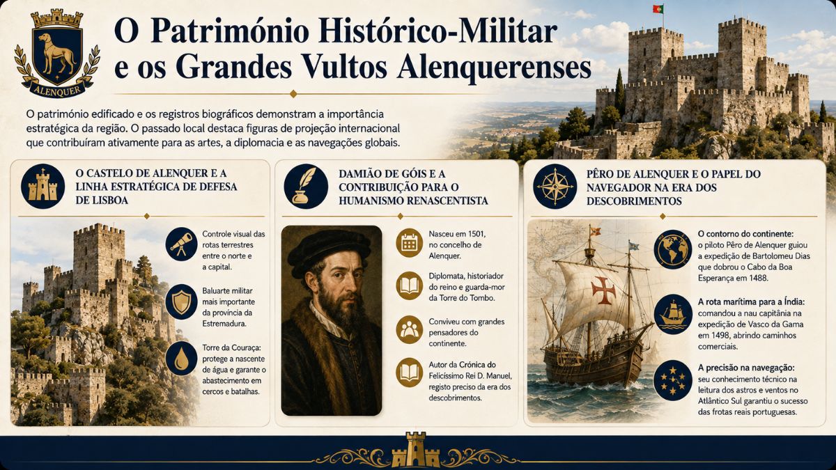 Infográfico histórico sobre o castelo militar de Alenquer, destacando o humanista Damião de Góis e o navegador Pêro de Alenquer na Era dos Descobrimentos.