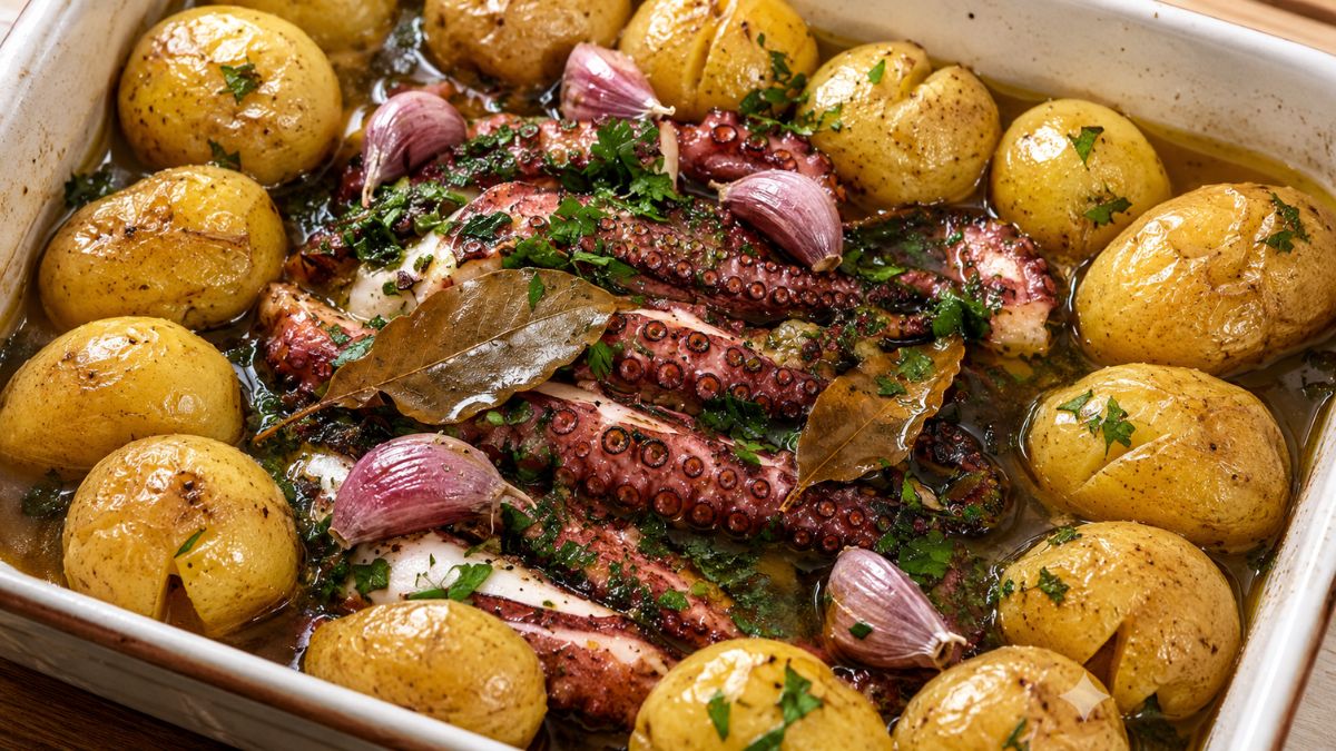 Fotografia em plano superior de uma travessa de cerâmica branca contendo tentáculos de polvo assados, batatas bolinha ao murro douradas, dentes de alho roxo inteiros com casca e folhas de louro, tudo regado com azeite de oliva extravirgem abundante e salpicado com salsa fresca picada.