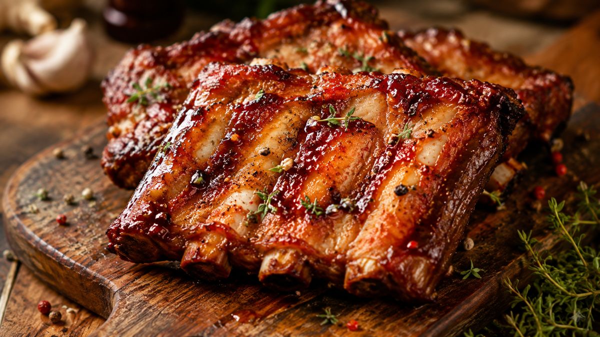Costelinha de carne de porco assada e caramelizada com molho barbecue, servida sobre tábua rústica de madeira com ervas aromáticas.