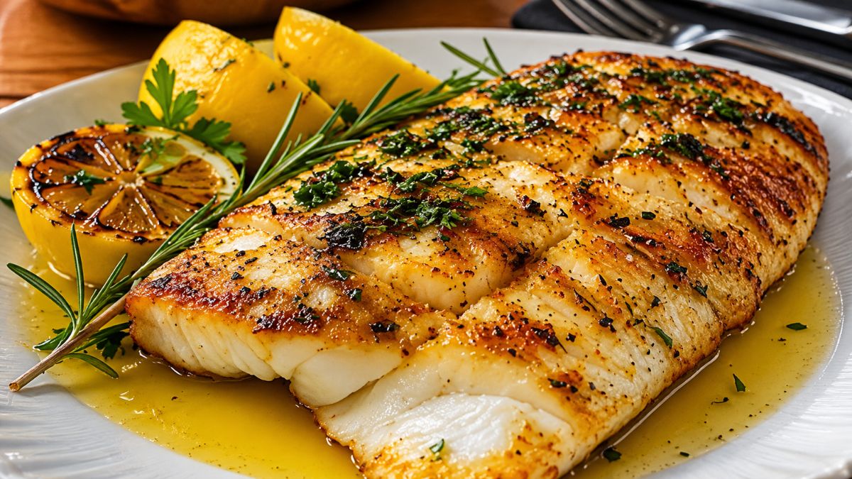 Prato raso branco com suculento filete de peixe grelhado dourado, servido com rodelas de limão assado e alecrim fresco.