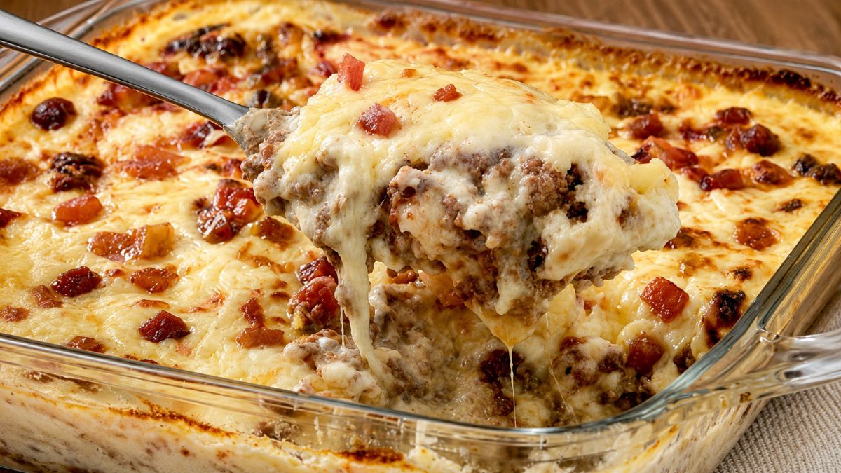 Refratário de vidro com massa gratinada ao forno, molho branco, carne moída, queijo derretido e pedaços de bacon crocante.