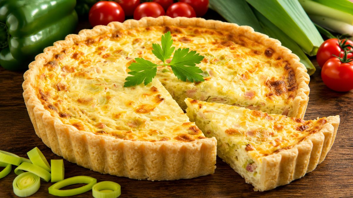 Quiche redonda de alho-poró dourada sobre mesa de madeira, com uma fatia cortada em destaque, cercada por tomates e pimentão.