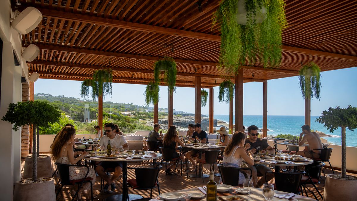 Pessoas almoçando na varanda coberta de madeira do Restaurante Maré, decorada com plantas pendentes e vista panorâmica para o oceano em Cascais.