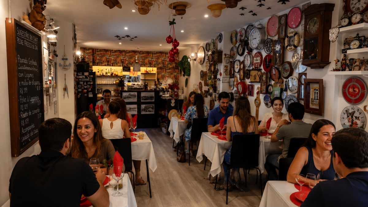 Interior do Restaurante Nova Estrela em Cascais repleto de relógios decorativos na parede e pessoas almoçando em mesas bem postas.