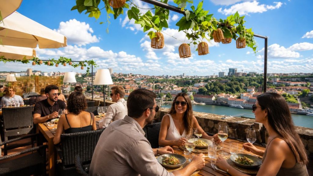 Pessoas almoçando na esplanada do restaurante Torreão no Porto com vista para o rio Douro em dia ensolarado.