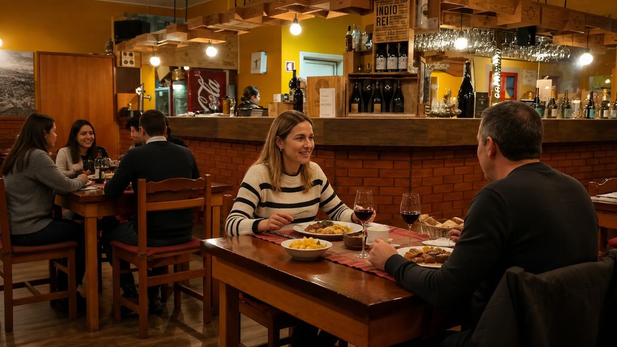 Pessoas jantando em um restaurante acolhedor em Aveiro Portugal saboreando pratos típicos com vinho em mesas de madeira.