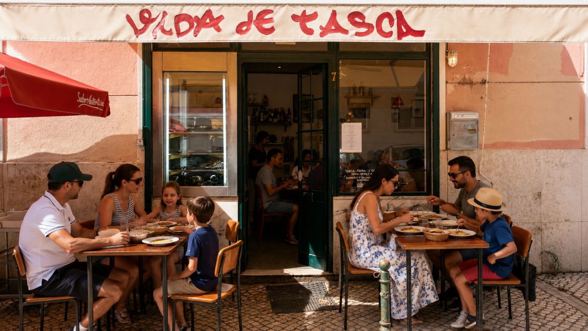 Famílias almoçando na esplanada do restaurante Vida de Tasca no bairro de Alvalade perto do Aeroporto de Lisboa.