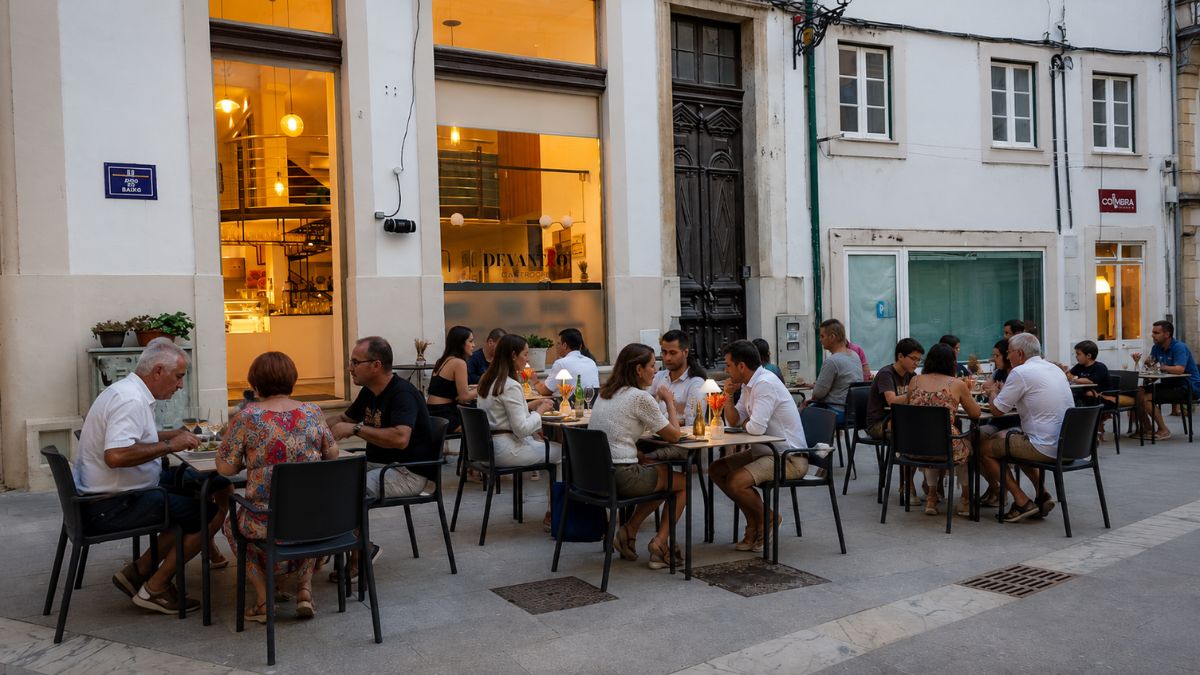 Pessoas reunidas em mesas ao ar livre em uma esplanada de restaurante na região central de Coimbra, Portugal.