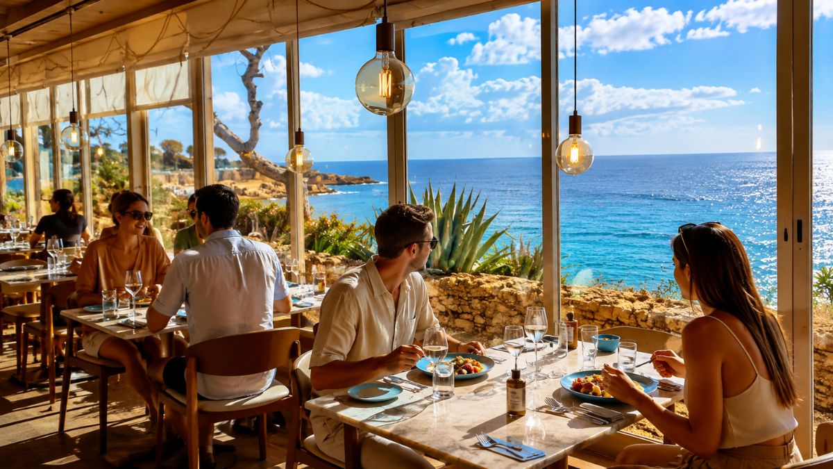 Pessoas almoçando em um restaurante aconchegante com grandes janelas de vidro e vista panorâmica para o mar azul em Cascais.