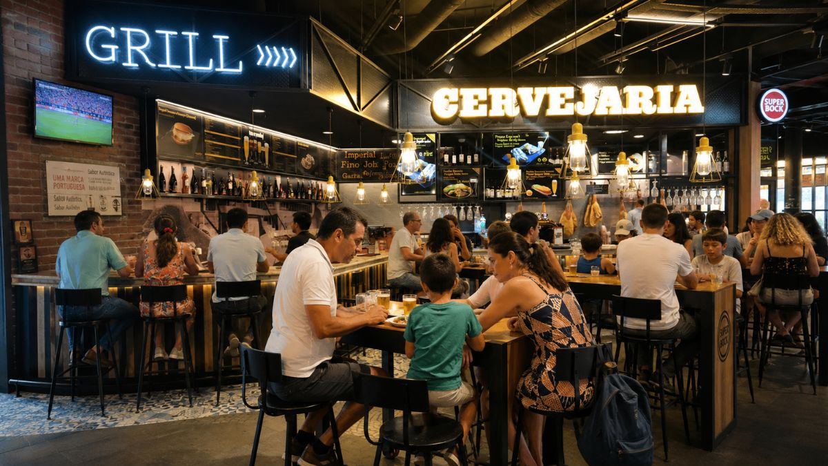 Pessoas reunidas em um restaurante moderno e cervejaria no Aeroporto de Lisboa aproveitando refeições e bebidas.