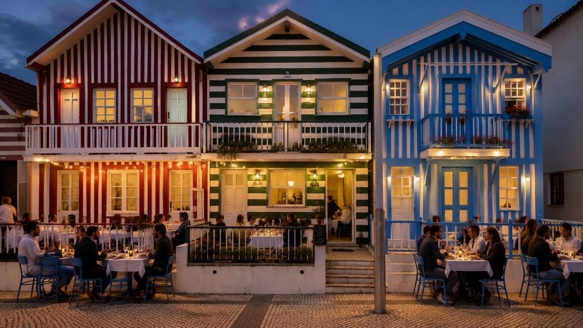 Restaurante iluminado à noite na Costa Nova Aveiro com mesas ao ar livre em frente às casas listradas coloridas típicas.
