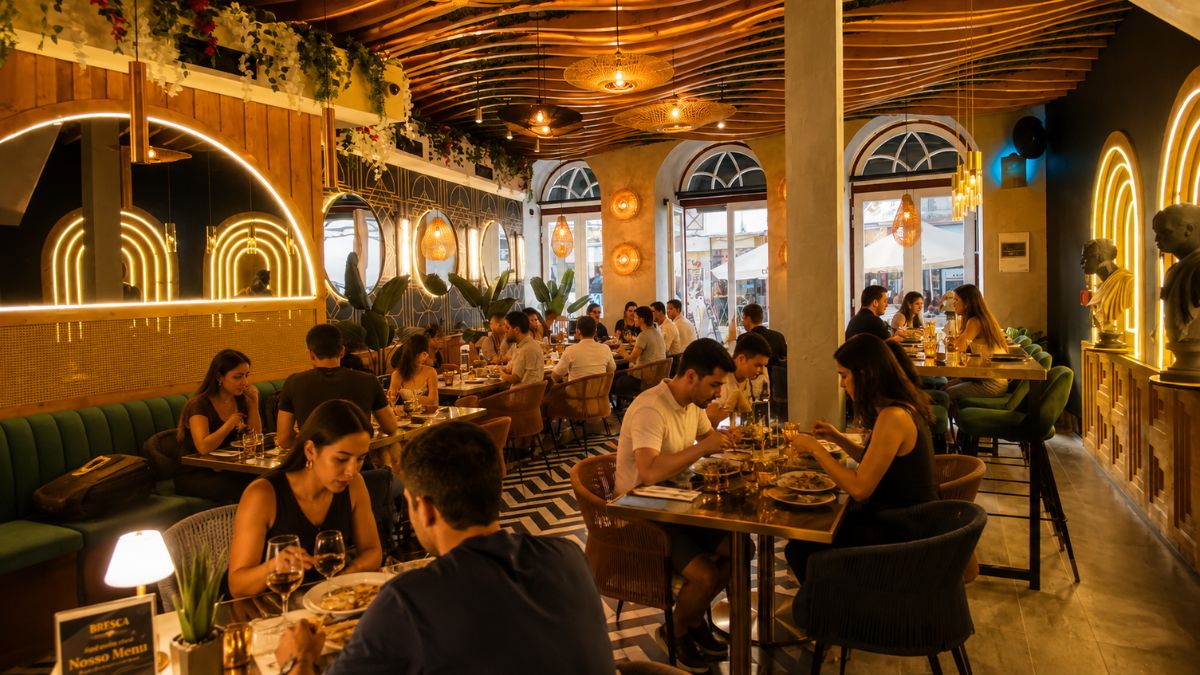 Salão de restaurante elegante e movimentado com clientes saboreando iguarias da gastronomia típica da região Centro em Coimbra, Portugal.
