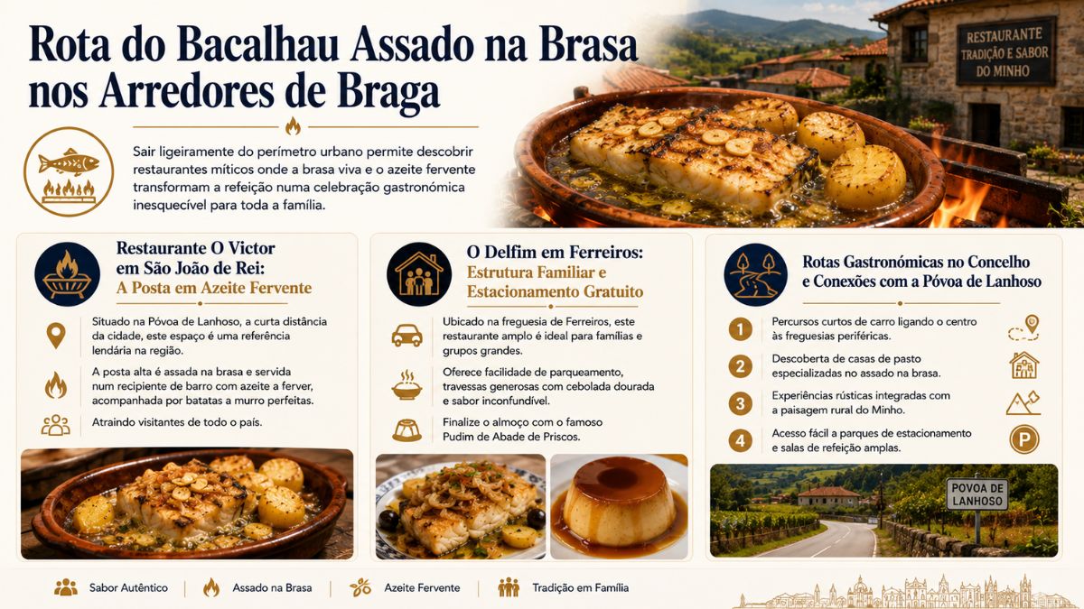 Infográfico sobre a rota do bacalhau assado na brasa nos arredores de Braga, destacando o Restaurante O Victor, O Delfim e sugestões de percursos na Póvoa de Lanhoso.