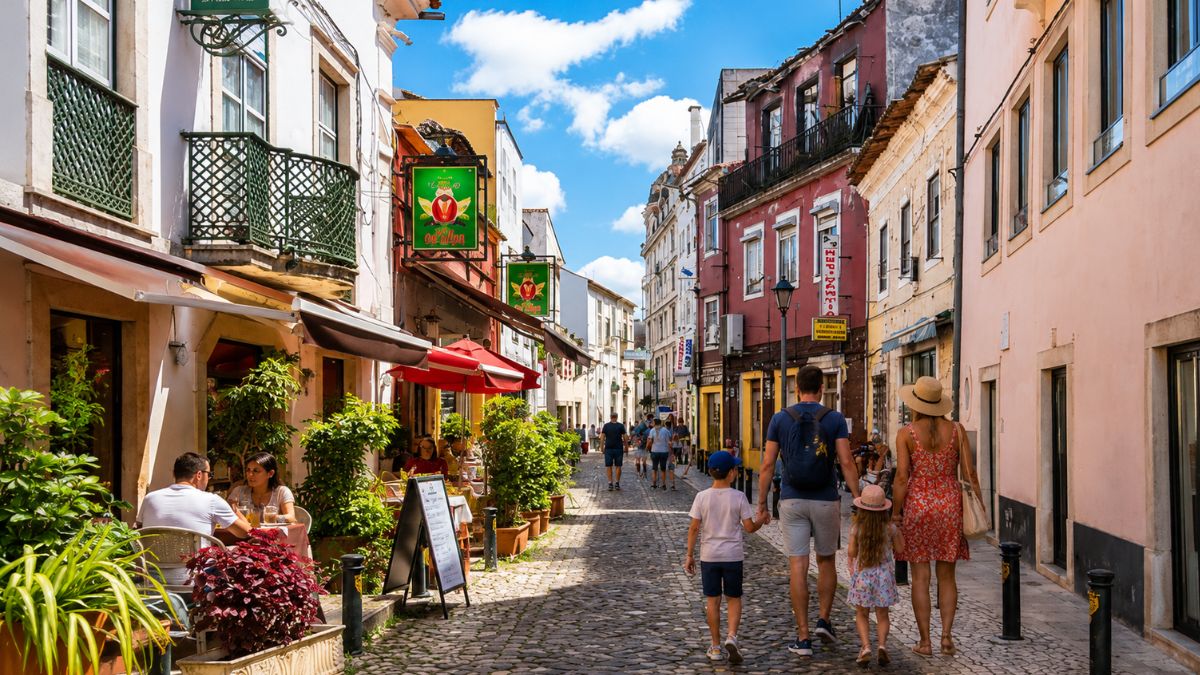 Família caminhando por uma rua histórica de calçamento de pedra com restaurantes e esplanadas em Coimbra, Portugal.