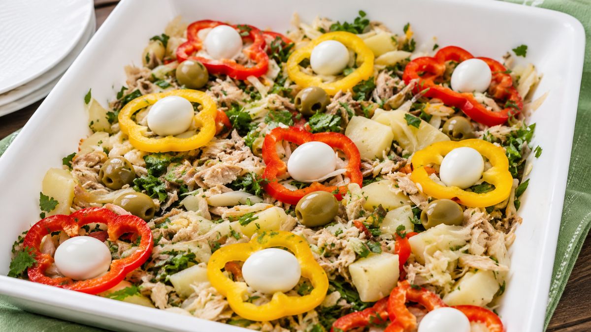 Imagem em close-up de uma travessa retangular de cerâmica branca preenchida com salada de bacalhau à portuguesa desfiado, batatas em cubos, pimentões vermelhos e amarelos cortados em anéis recheados com ovos de codorna cozidos, azeitonas verdes inteiras e salsinha picada espalhada por cima.