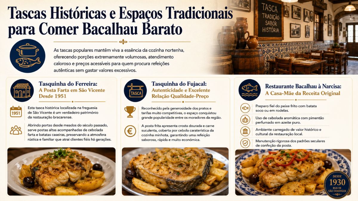 Infográfico sobre tascas históricas e espaços tradicionais para comer bacalhau barato em Braga, destacando a Tasquinha do Ferreira, Tasquinha do Fujacal e Bacalhau à Narcisa.