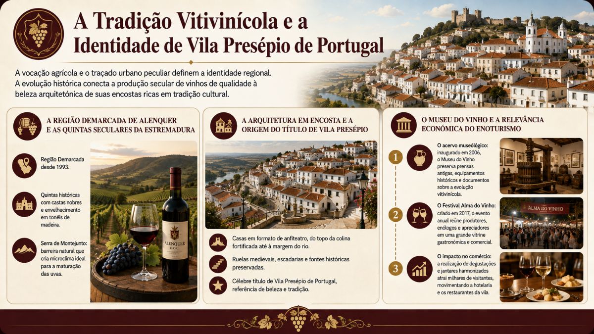 Infográfico sobre a tradição vitivinícola e arquitetura de Alenquer em Portugal, exibindo garrafa de vinho, casario em encosta e Museu do Vinho.