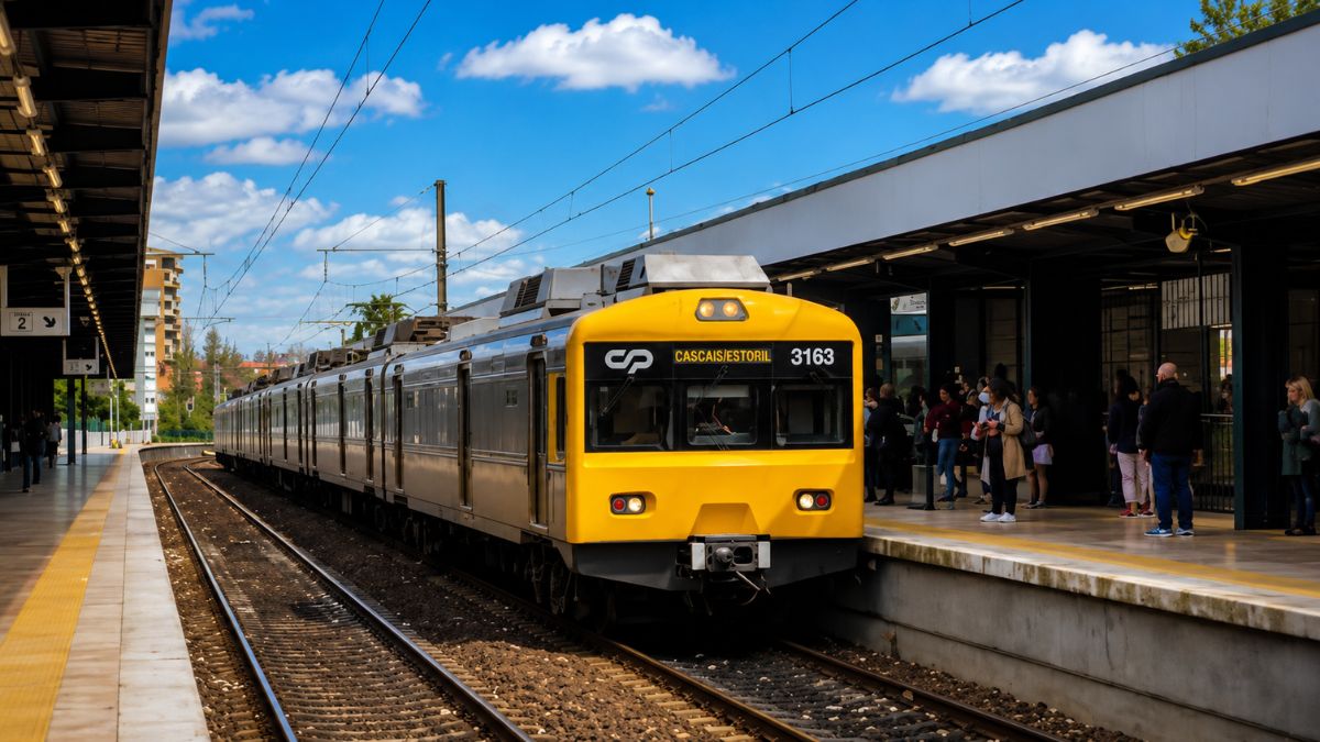 Trem amarelo e cinza da empresa Comboios de Portugal parado na plataforma da estação para viagem entre Lisboa e Cascais.