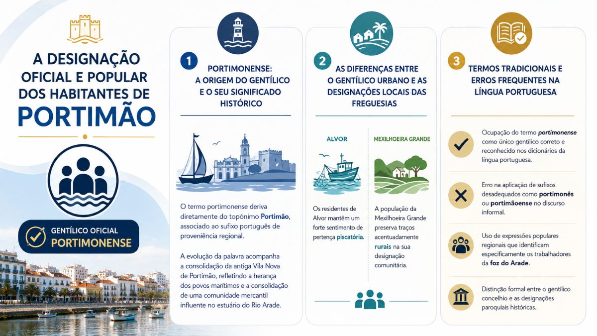 Infografia educativa sobre a designação oficial e popular dos habitantes de Portimão, detalhando a origem do gentílico portimonense, as diferenças entre freguesias e os erros linguísticos mais comuns.