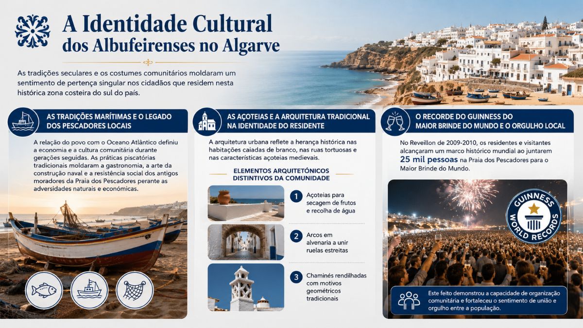 Infográfico sobre a identidade cultural dos albufeirenses destacando a pesca tradicional, as açoteias açorianas e o recorde do Guinness em Albufeira.