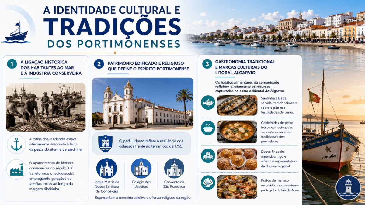 Infografia sobre a identidade cultural e tradições dos portimonenses, destacando a ligação histórica ao mar, património religioso e gastronomia típica de Portimão.