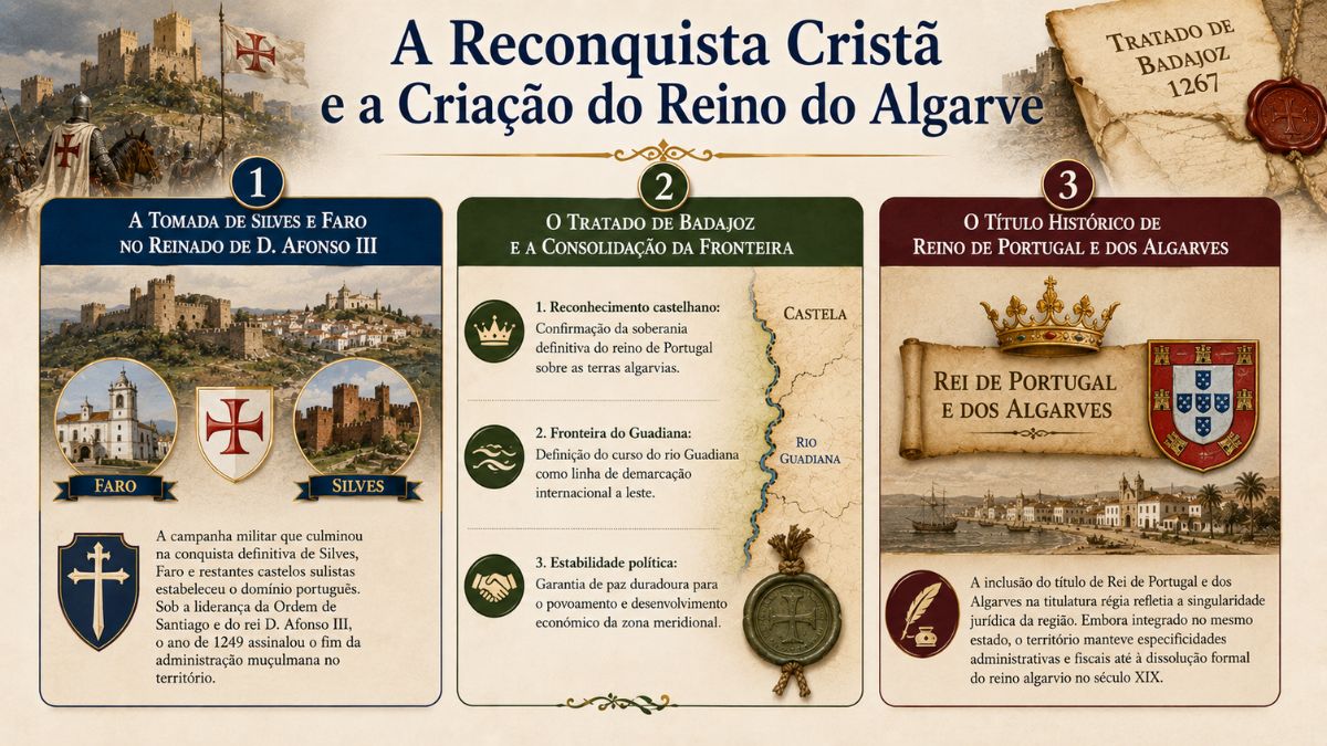 Infográfico sobre a reconquista cristã e a criação do reino do Algarve destacando a tomada de Silves e Faro, o Tratado de Badajoz e o título régio.